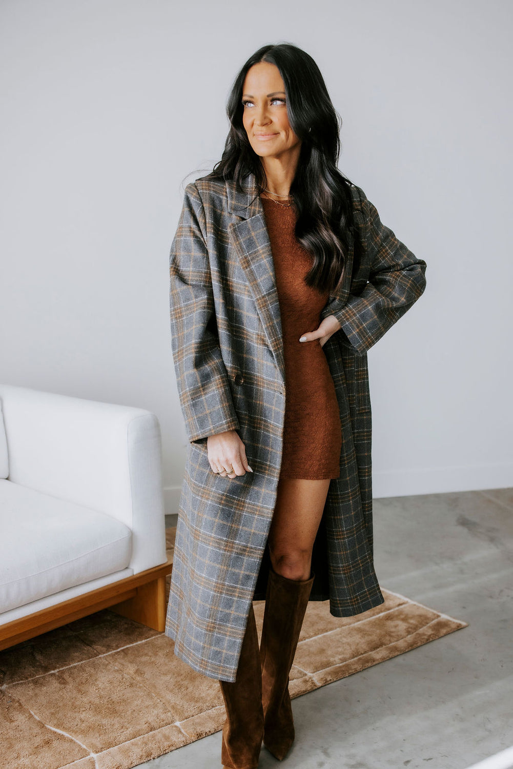 Alan Plaid Double Breasted Long Coat