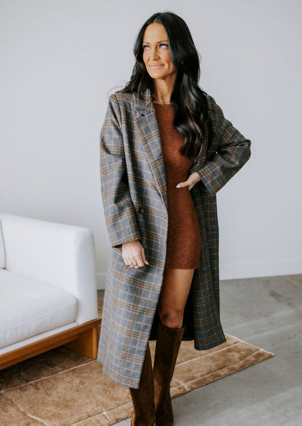Alan Plaid Double Breasted Long Coat product view