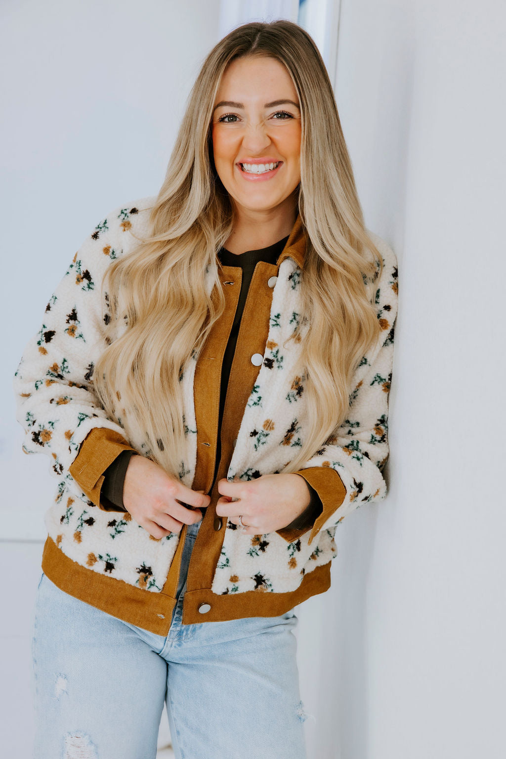 image of Ryanne Floral Print Sherpa Jacket