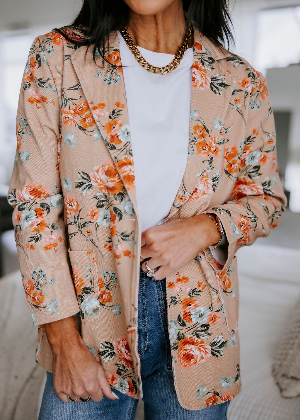 image of Janae Floral Print Denim Blazer