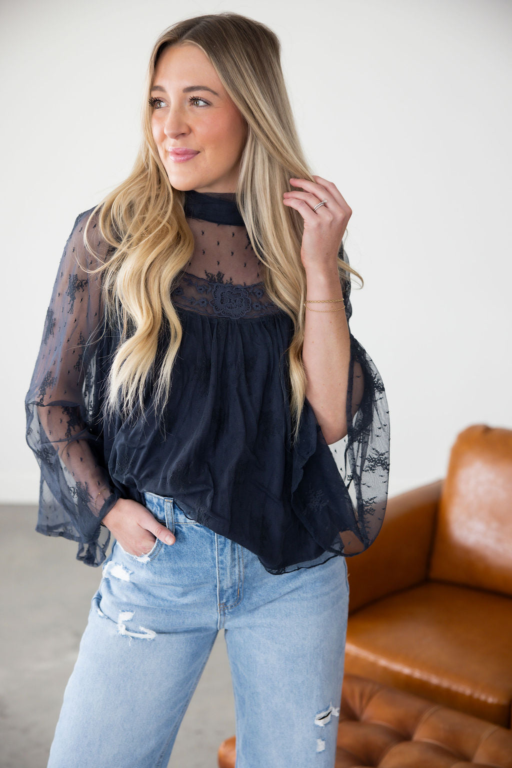 image of Roslyn Mock Neck Lace Blouse