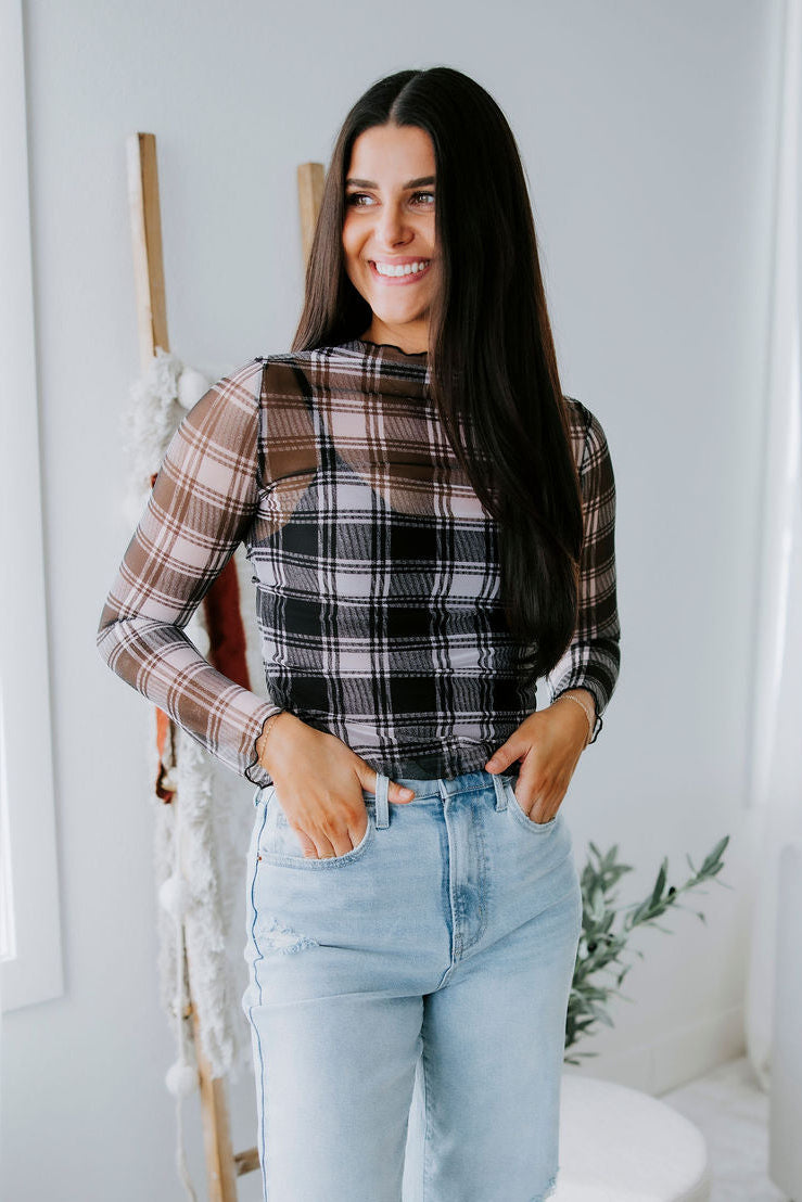image of Kellie Mock Neck Plaid Top